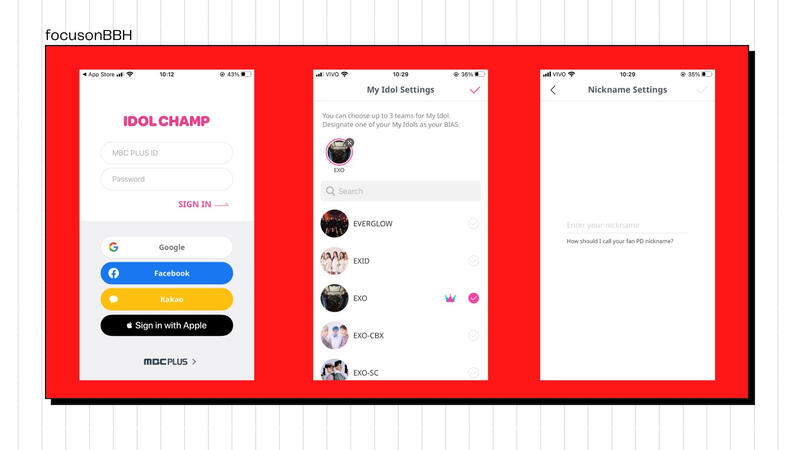 Crie sua conta com google, facebook ou kakaotalk e concorde com os termos do app. Selecione o EXO como seu idol. Crie um nome de usuário.
