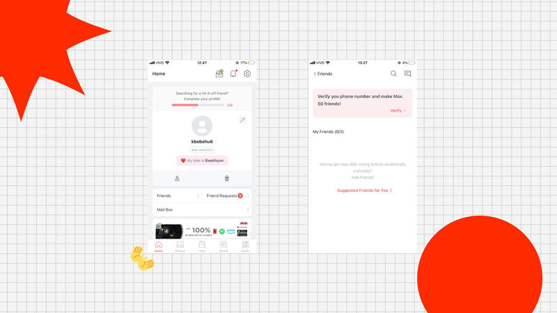 Na aba ‘Home’: Em ‘Friends’ você pode procurar amigos pelo nome de usuário e enviar votos para eles diariamente! *Contas com números de telefone vinculado podem adicionar ate 50 amigos, as que não têm um número vinculado, apenas 3 amigos.