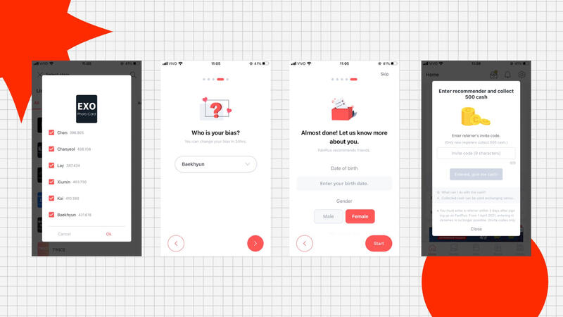 Escolha o grupo EXO/bias. Preencha as informações pessoais. Use um código de convite. Você pode colar este: #d47d62dc. Assim você ganha 500 Cash e consegue comprar votos! Em seguida, o app pede que adicione um número de cel e o verifique pra liberar cash.
