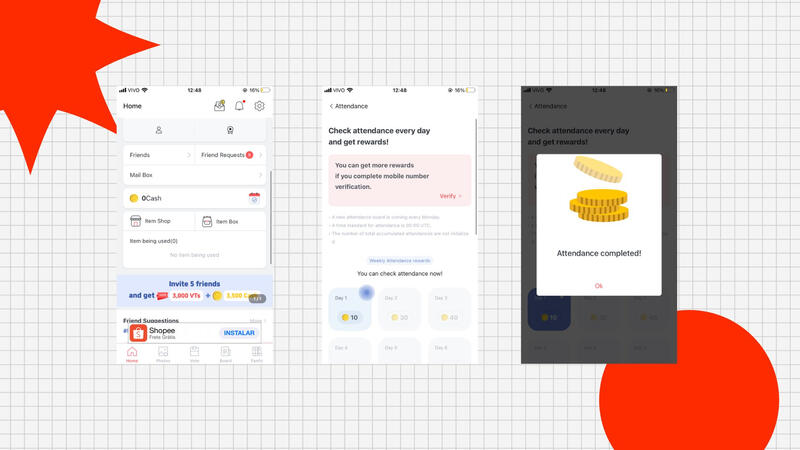 Rolando um pouco a tela você vê a quantidade de Cash que possuí ↳ Clicando no ícone à direita você coleta Cashs de check in como recompensa diária.