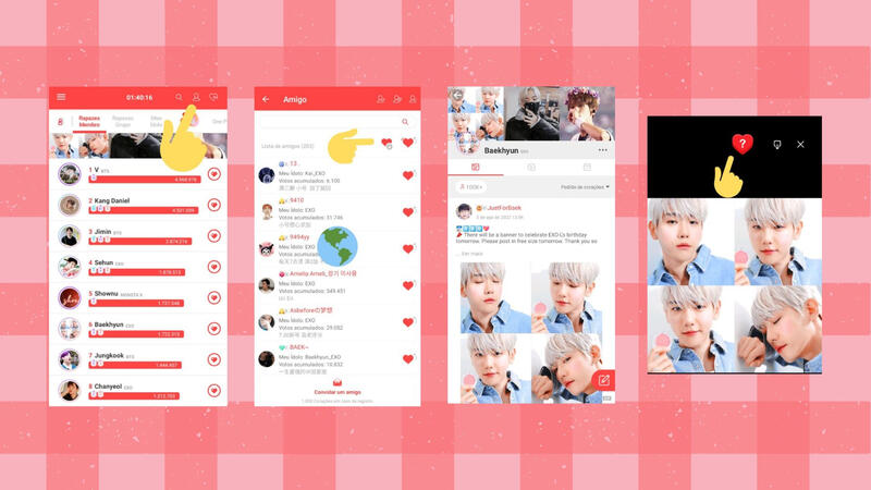 Em amigos: Clique em "todos" e envie HEARTs para todos os amigos (1 HEART a cada 10 min). Na comunidade do BAEKHYUN, aperte no coração com um ponto de interrogação (chance de ganhar até 1000 HEARTs).