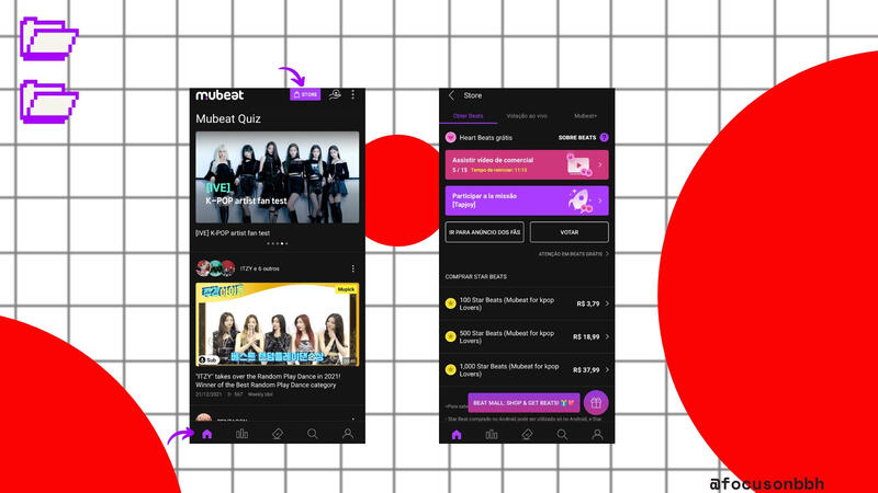 Vá à opção acima "Store" Neste local, você poderá assistir anúncios (15 ao dia) e também cumprir tarefas na opção Tapjoy! Cada anúncio te recompensa 3 "hearts beats" que é a "moeda de votação" do APP.