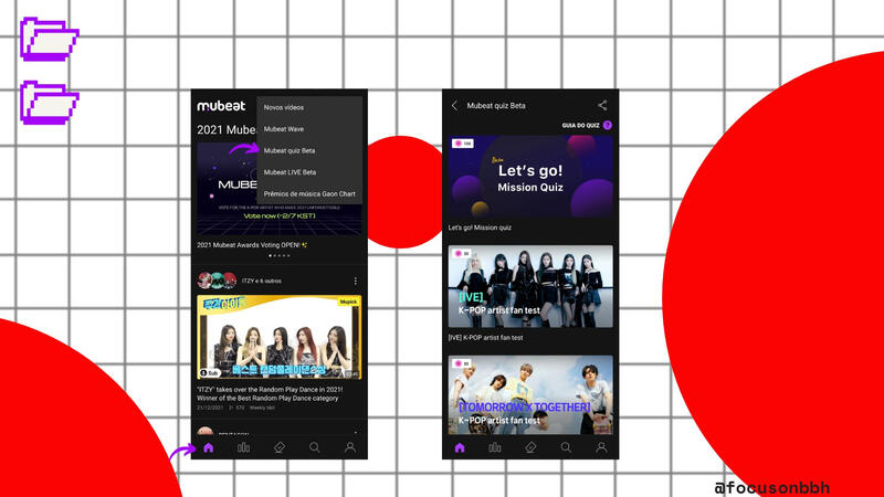 Resolva quizes especiais para ganhar mais hearts beats! As respostas podem ser encontradas no @MubeatQuiz (Twitter). Volte ao início e nos 3 pontinhos acima clique na opção mostrada a seguir. PS: perguntas são cronometrada, não pode sair do app e voltar.