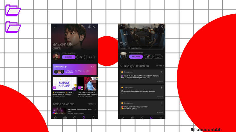 No ícone 🔍 procure por Baekhyun e siga sua página! Também poderá seguir as páginas do EXO, EXO-K, EXO-CBX, EXO-SC e outros membros individuais.