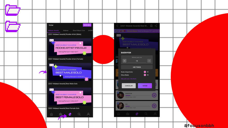 Para depositar seus pontos arrecadados, vá na opção indicada no print e clique na categoria que Baekhyun estiver concorrendo. Clique no coração roxo ao lado do icon de Baekhyun e escolha quantos hearts beats você quer depositar.